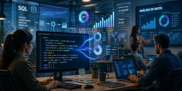 People analyzing data and SQL code on multiple digital screens in a high-tech office.