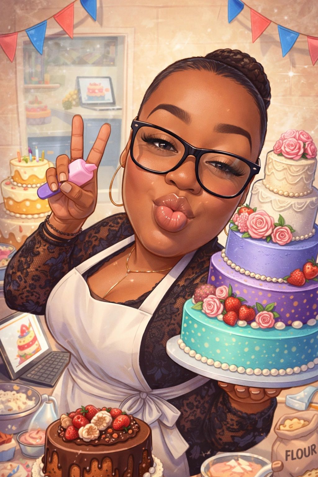 Woman baker holding a decorated cake and making a peace sign.