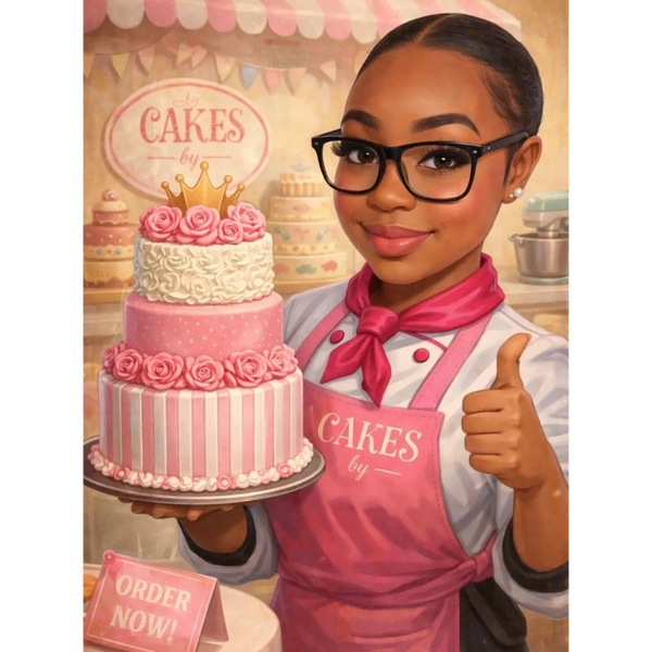 A smiling baker proudly holds a decorated pink cake, giving a thumbs up.