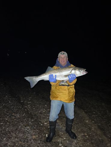 Man proudly holding a large fish on a rocky shore at night.
