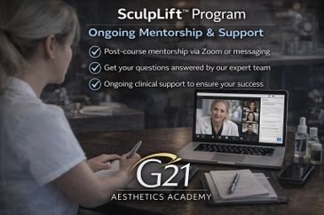 Woman attending an online mentorship session for the SculpLift Program by G21 Aesthetics Academy.