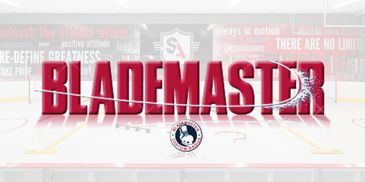 Bold red BLADEMASTER logo with hockey rink background and logo.