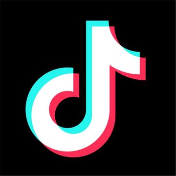 TikTok logo with neon blue and red shadows on black background.