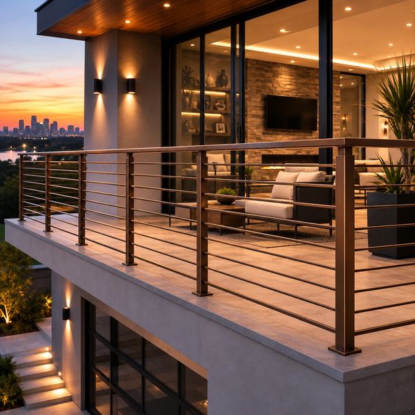 Modern balcony with city sunset view.