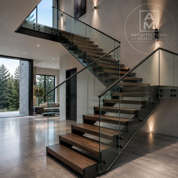 Custom glass railing system with steel stairs by Architectural Metals USA