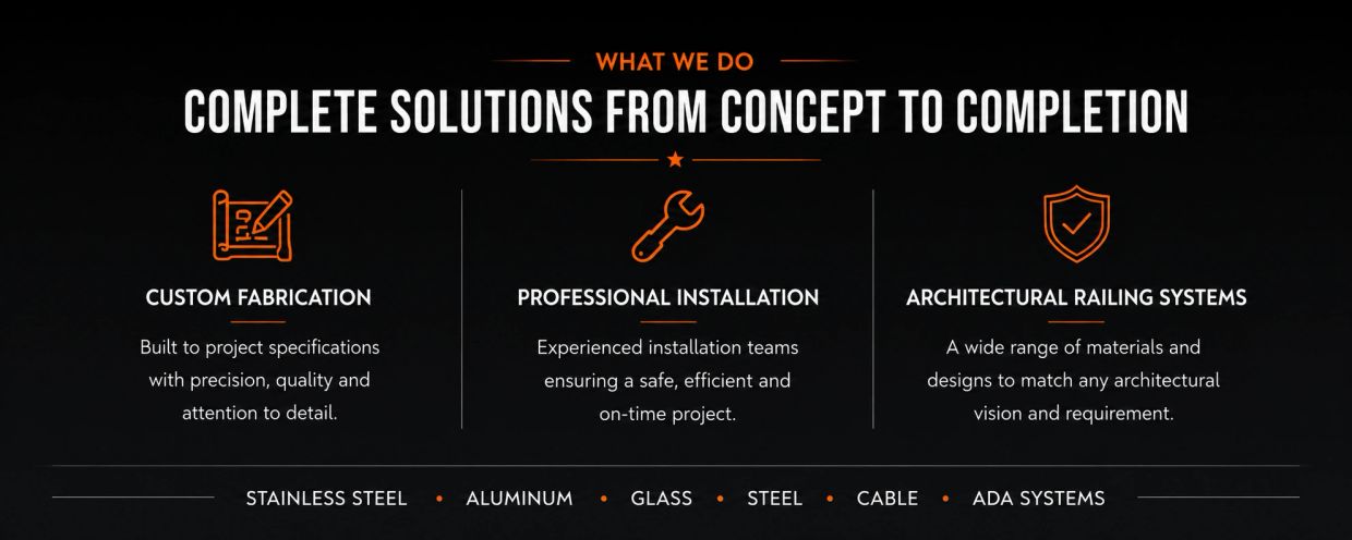 Custom Fabrication, Professional Installation, Architectural Railing Systems, Stainless Steel, Alumi