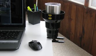 KAZeKUP Clip on cup holder clamps to many surfaces providing a convenient way to hold your beverages