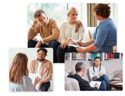 A collage showing different individuals and couples engaged psychotherapy sessions with therapists
