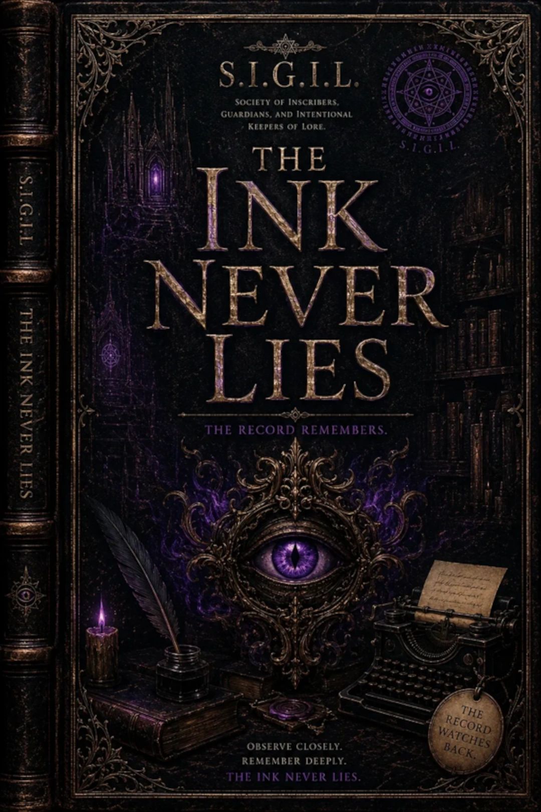 Mystical book cover with a purple eye, quill, and typewriter highlighting the theme "The Ink Never Lies."