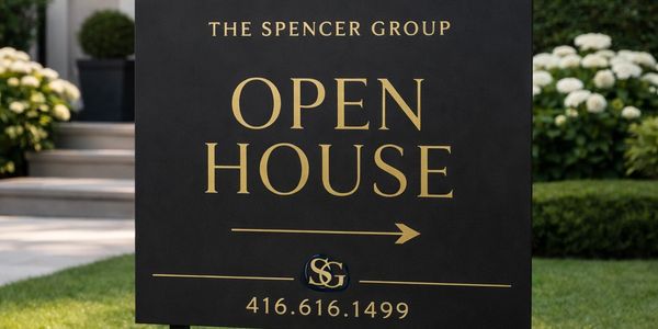 Elegant black and gold sign for The Spencer Group's open house event.