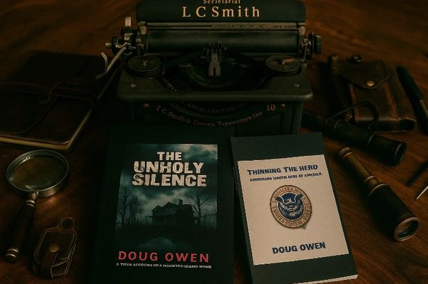 Two books by Doug Owen with a vintage typewriter and detective tools on a wooden table.