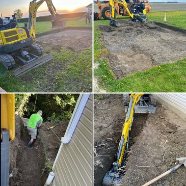 Mini excavator digging and preparing ground for construction around a house.