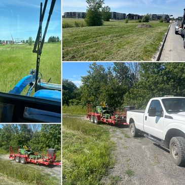 A tractor and mower trailer in various outdoor grassy settings on a sunny day.