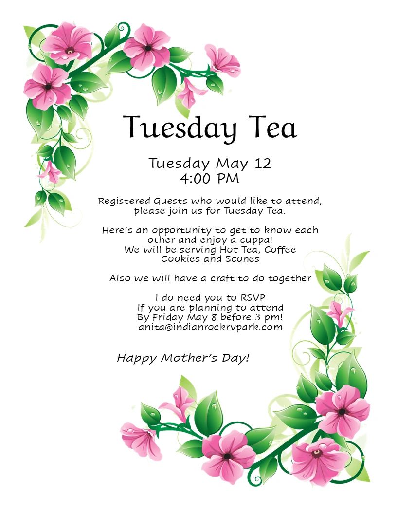 Invitation for a Tuesday Tea event with flowers and RSVP details.