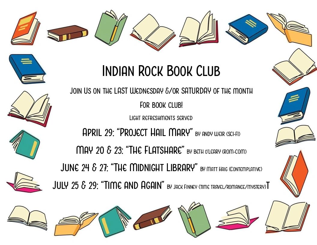 Colorful book illustrations surround the Indian Rock Book Club schedule with dates and titles.