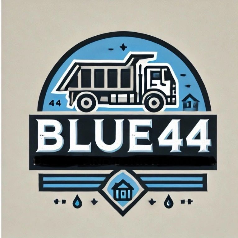Logo featuring a dump truck and the text BLUE 44 in blue and black.