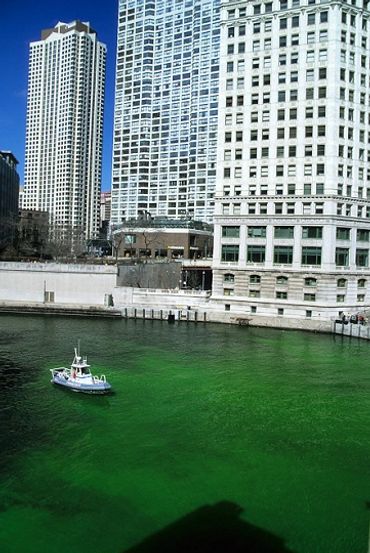 Chicago, Illinois, Chicago River dyed green for St. Patrick's Day, with high rises behind.