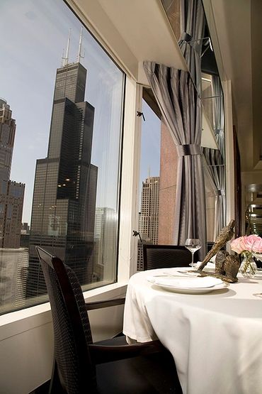 Chicago, Illinois, Everest Restaurant, Table in dining room overlooking Willis Tower (Sears Tower).