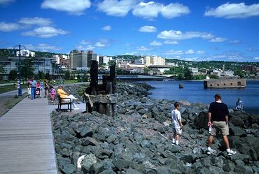 Duluth, Minnesota, People gathered along Downtown Lakewalk, on Lake Superior shore.