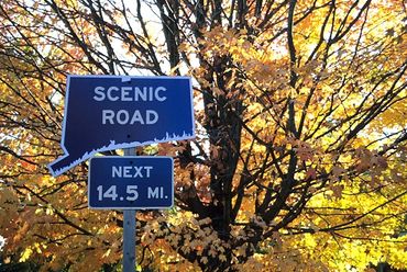 Brooklyn, Connecticut, Highway 169 Scenic Road sign with autumn colors on trees behind.