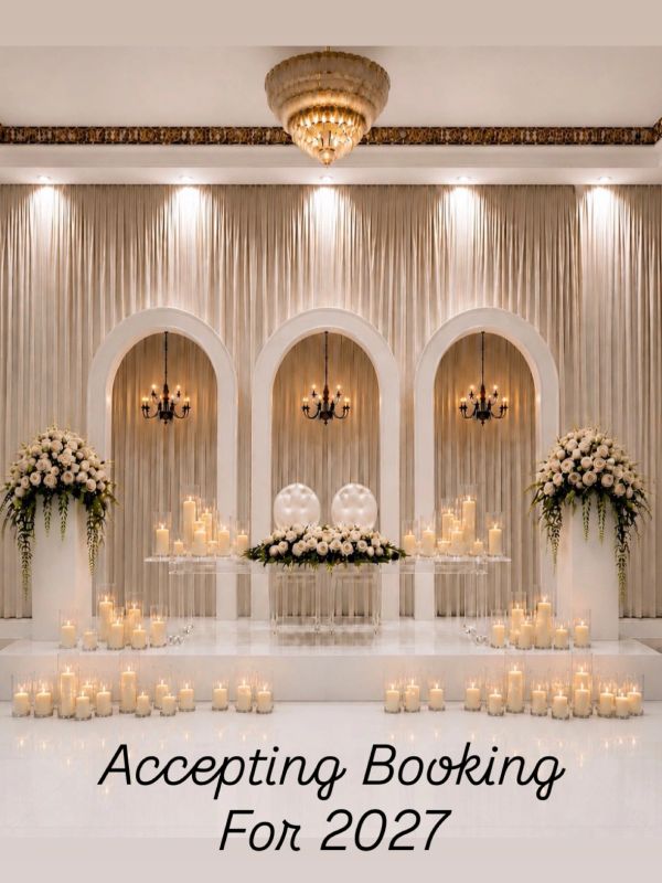Sweetheart Head Table w/ Pillar Candles Vases / Tall Plinth Columns with Floral Arrangements 