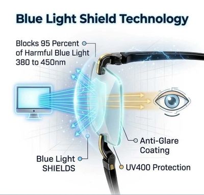 Diagram showing blue light shield technology blocking harmful light to protect eyes.
