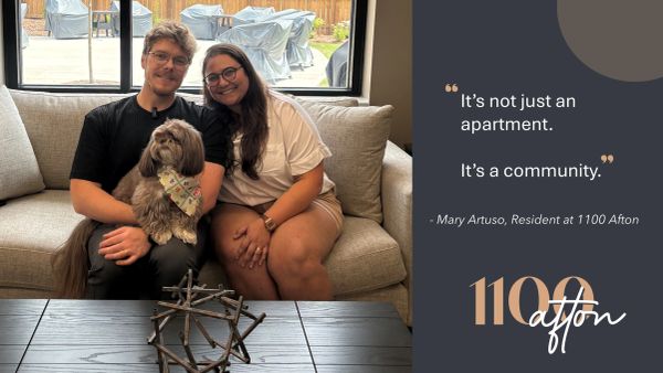 Couple with dog on sofa promoting 1100 Afton community.
