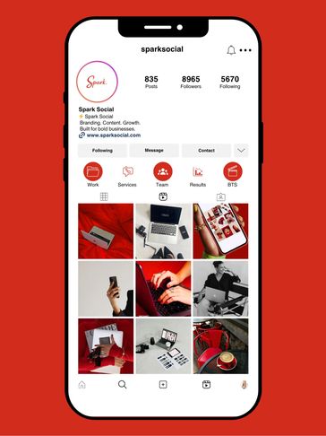 Instagram profile of Spark Social with branding and content visuals.