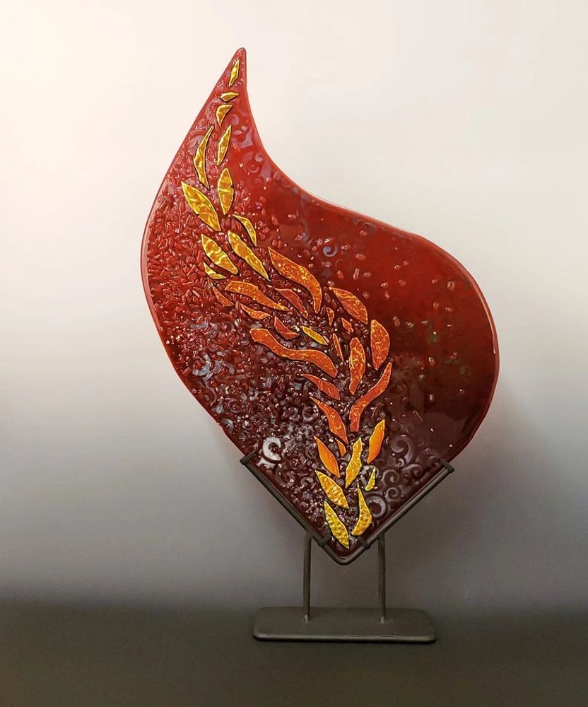 Fused Glass Sculpture
Red glass flame with a path of dichroic gold and orange accents