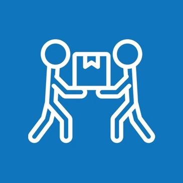 Two stick figures handing over a package on a blue background.