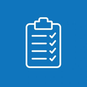 Clipboard with checklist icon on blue background.