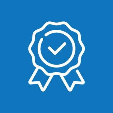 White quality assurance badge icon on blue background.