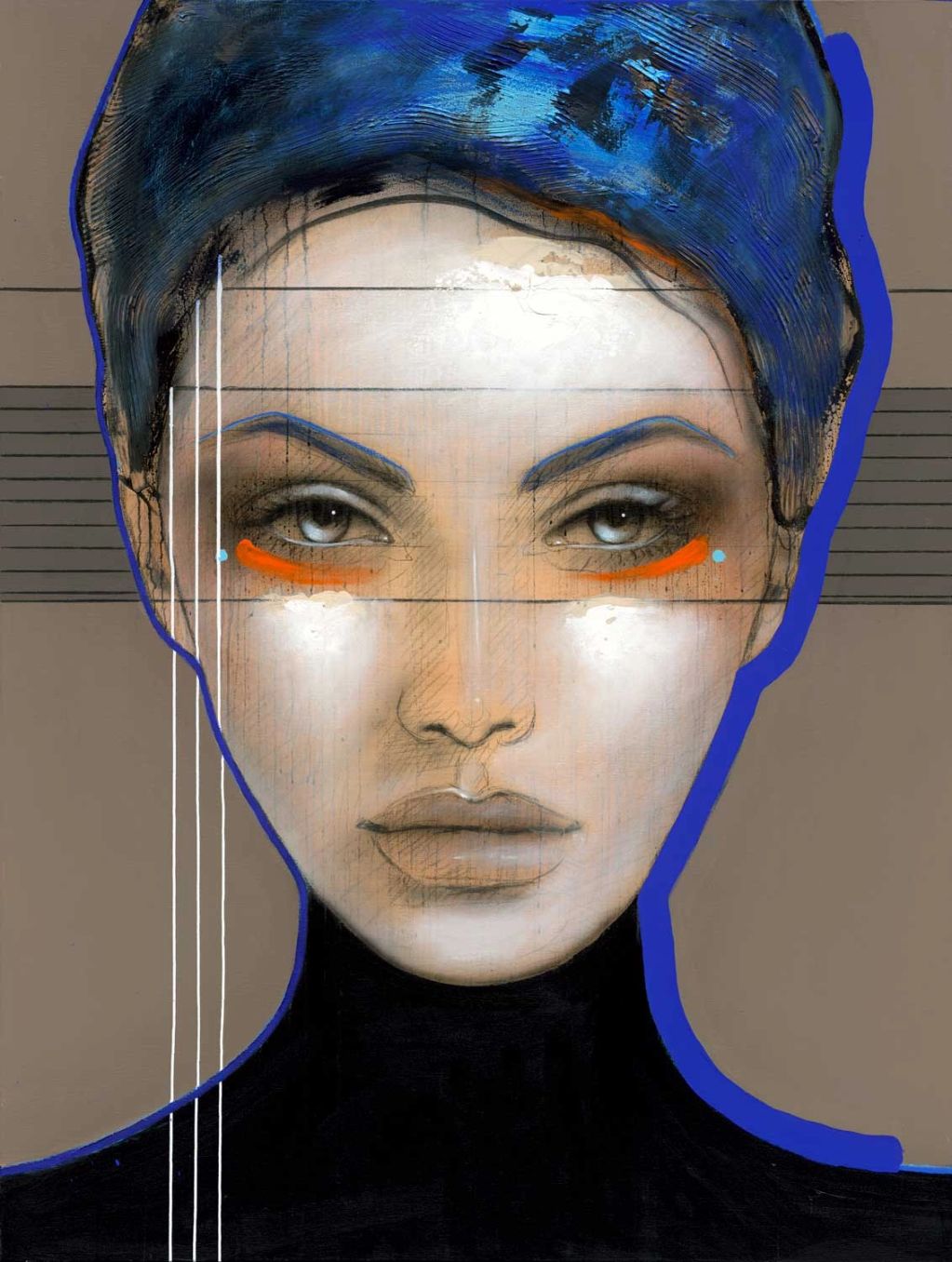 Artistiek portret van een vrouw met blauwe accenten en abstracte lijnen.