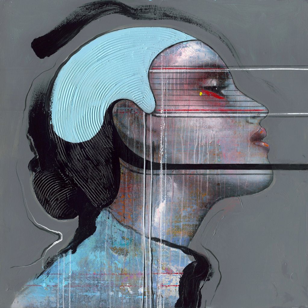 Abstract portret van een vrouw met blauwe en zwarte lagen.