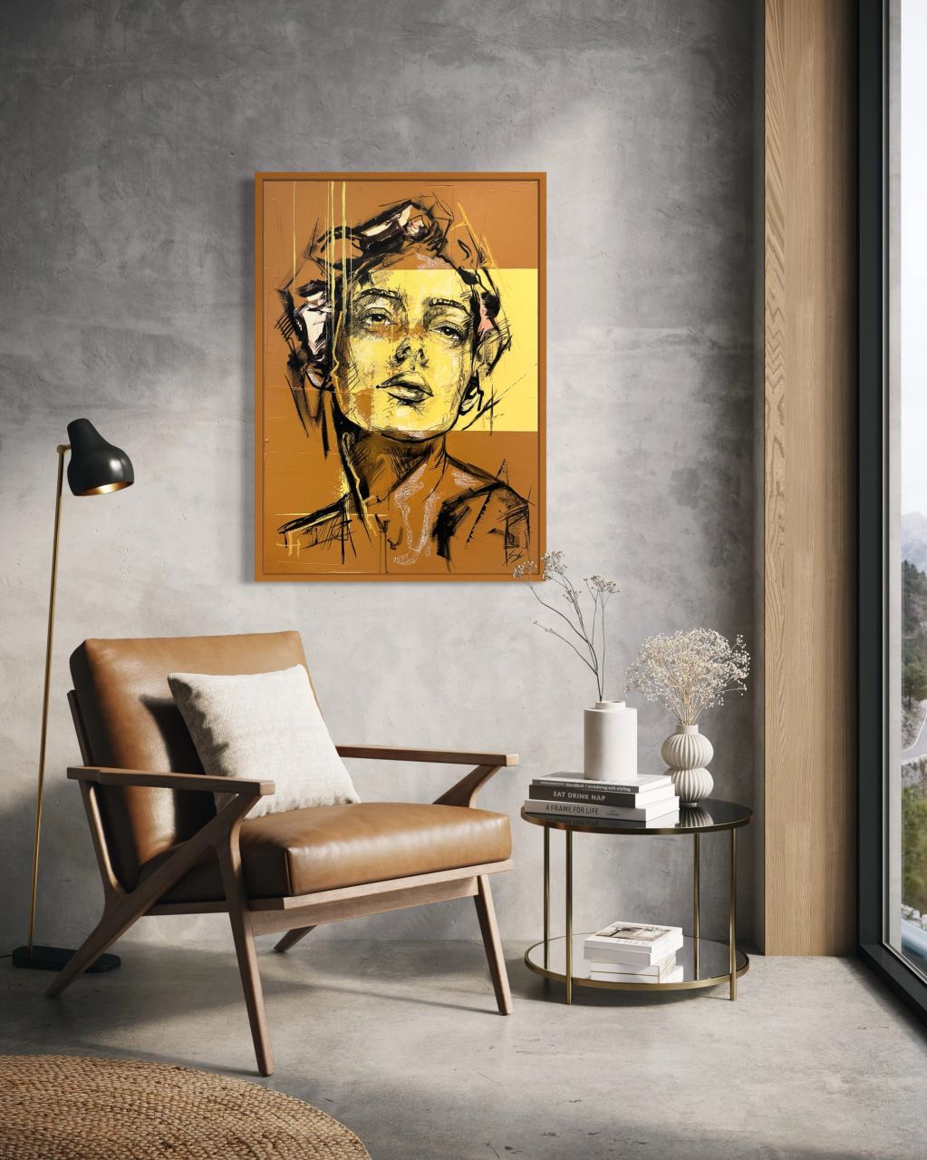 Moderne leeshoek met leren stoel en abstract portretschilderij.