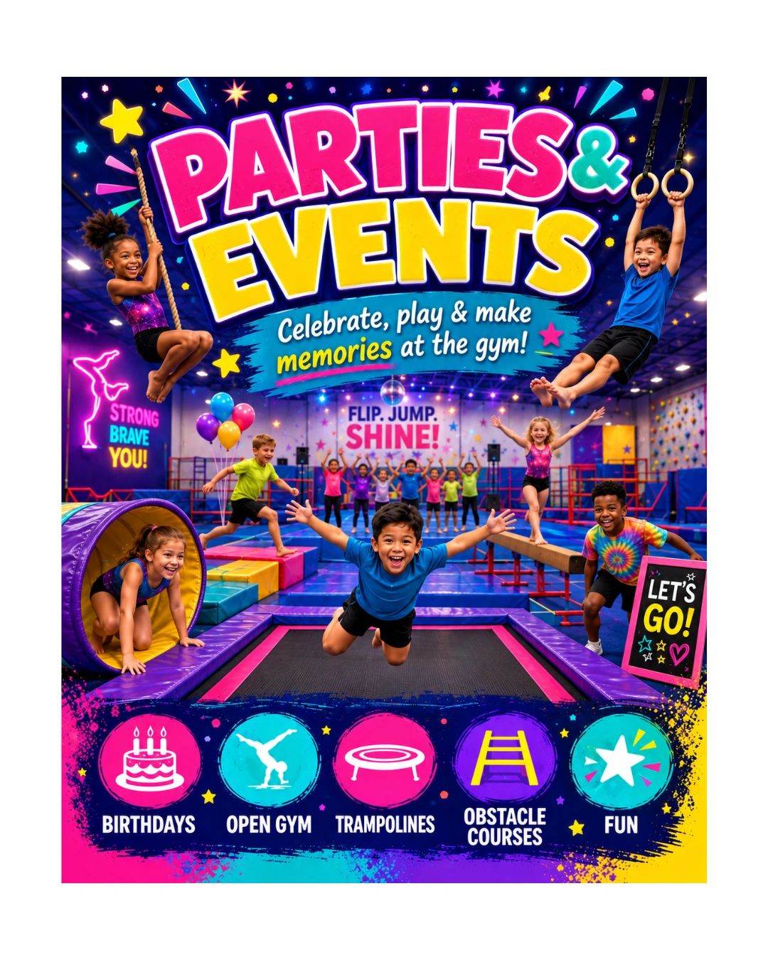 Kids enjoying parties and events at the gym trampoline park.