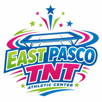 Logo of East Pasco TNT Athletic Center with colorful stars and a trampoline.