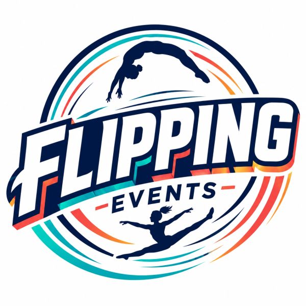 Flipping Events logo with gymnasts and vibrant colors.
