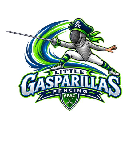 Fencing pirate mascot with dynamic swoosh and bold text.