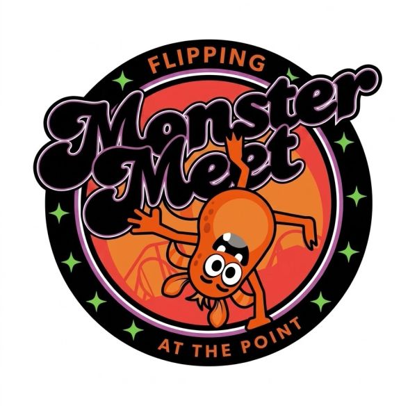 Cartoon squid flipping with bold text logo.