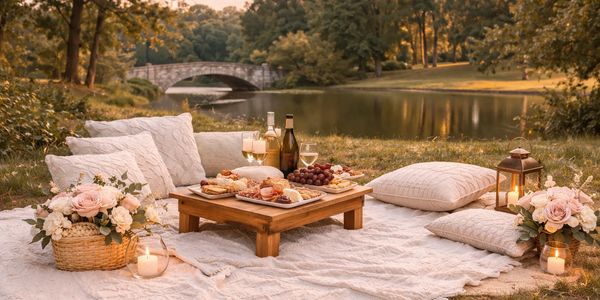 Cozy picnic setup by a lake with snacks and flowers.