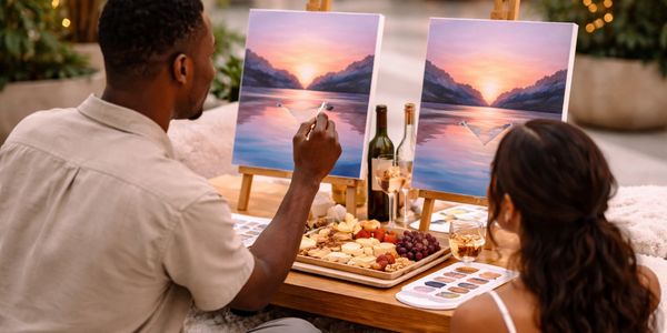 Couple painting sunset landscapes together.