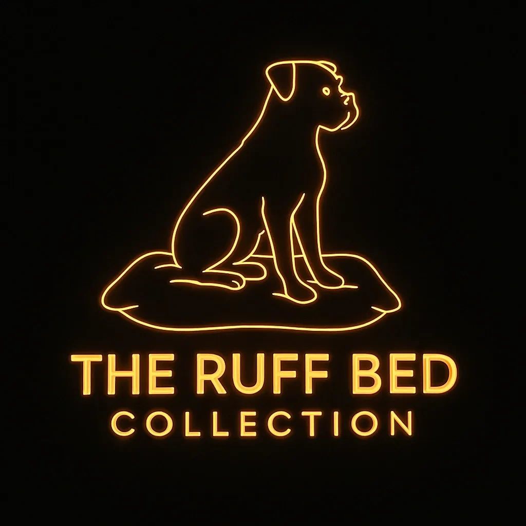 Neon sign of a dog on a bed with text 'The Ruff Bed Collection'.