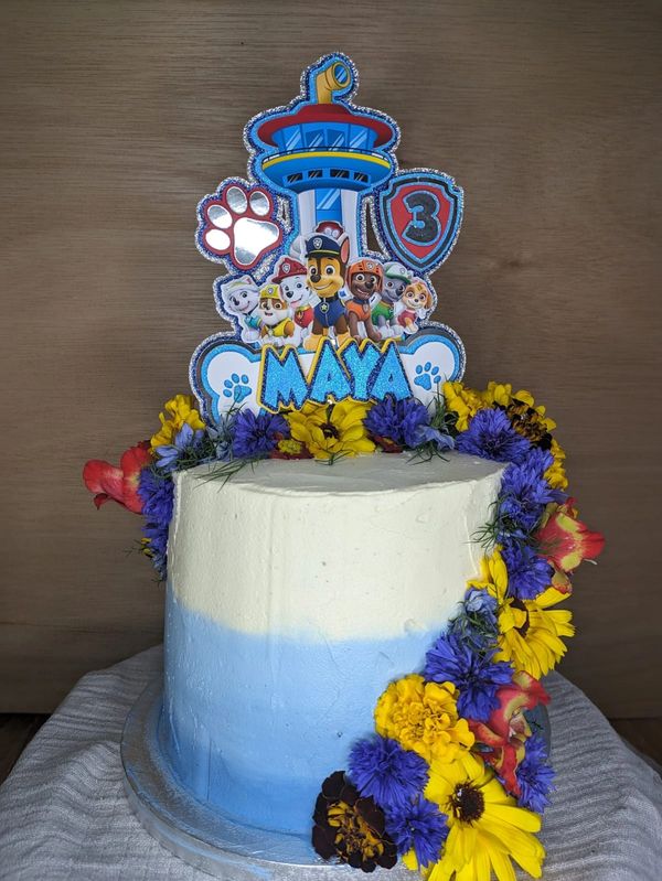 Blue and white ombre cake with a paw patrol topper and fresh red, yellow and blue flowers. 