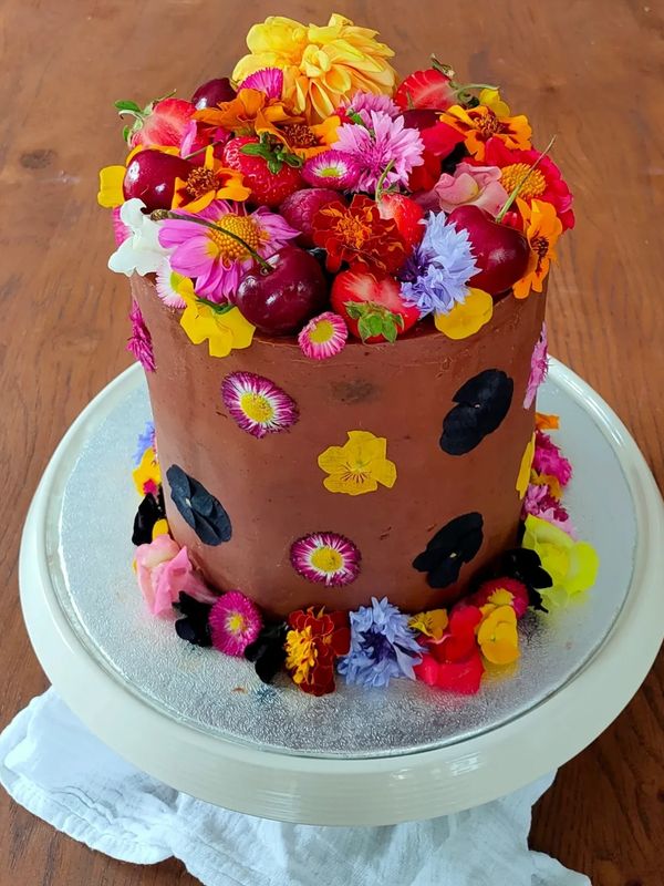 Chocolate cake decorated with fresh and pressed edible flowers and fruit