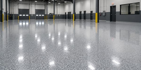 A large, empty industrial warehouse with polished epoxy floors and bright lighting.