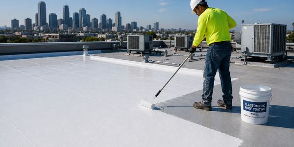 Worker applying white elastomeric coating on a rooftop in an urban area.