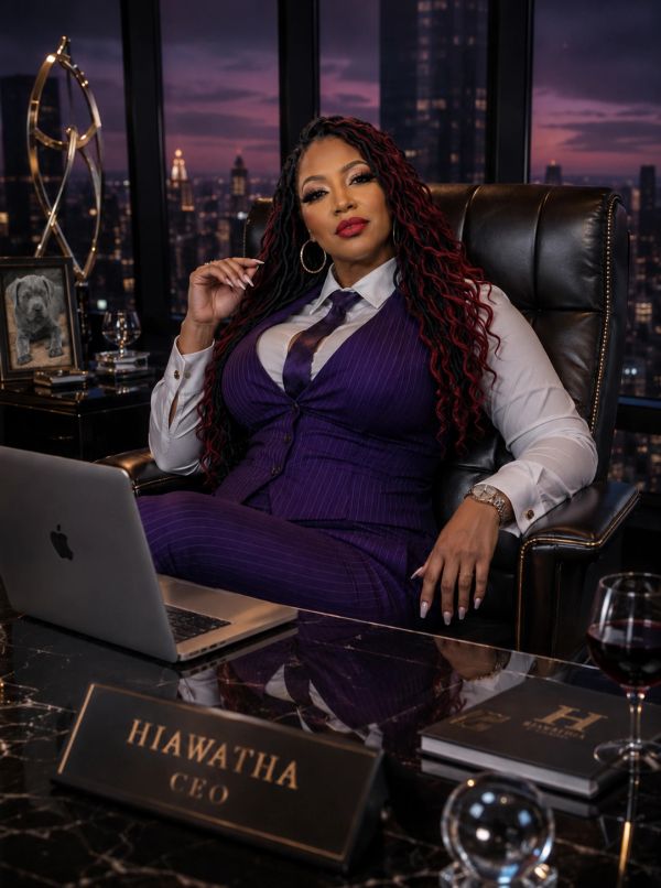Confident CEO in a purple suit seated in a luxurious office at dusk.