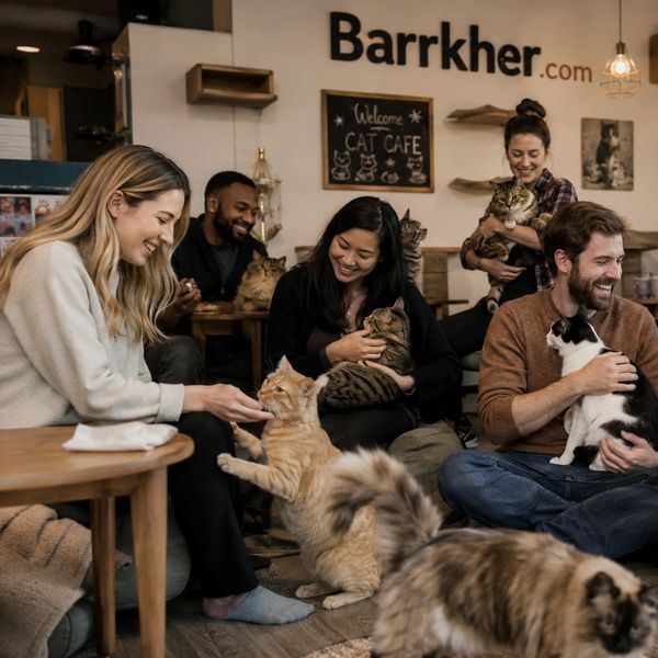 People happily interact with cats at a cozy cat cafe named Barrkher.com.