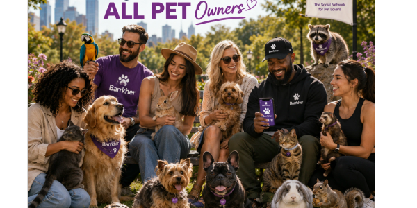 People with various pets promoting Barrkher, a social network for all pet owners.